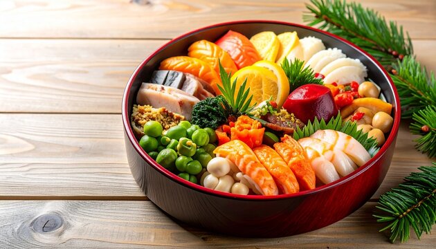 木のテーブルに並ぶ彩り豊かな丸い重箱のおせち料理