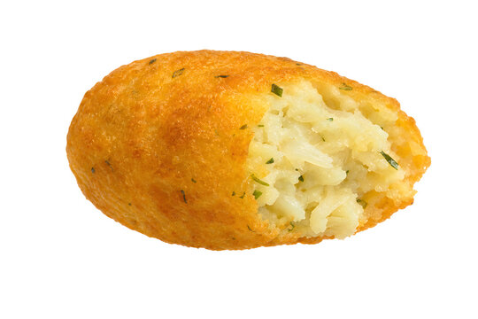 Brazilian bolinho de bacalhau, oval salt-cod croquette with crisp gold Isolated on White Background
