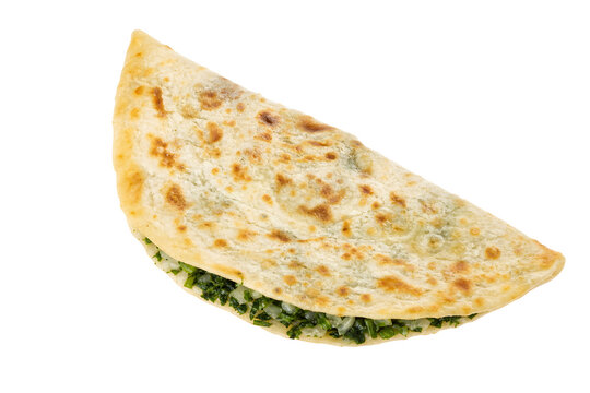 Turkmen gutap, thin crescent-shaped stuffed flatbread with browned Isolated on White Background