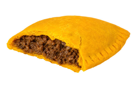 Jamaican beef patty with bright yellow-orange flaky half-moon shell Isolated on White Background