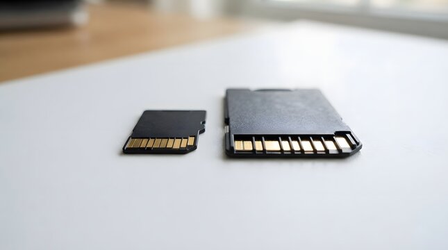 Two memory cards of different sizes side-by-side on a white surface with a blurred background