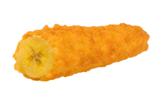 Surinamese baka bana, long banana slice coated in thick golden batter Isolated on White Background