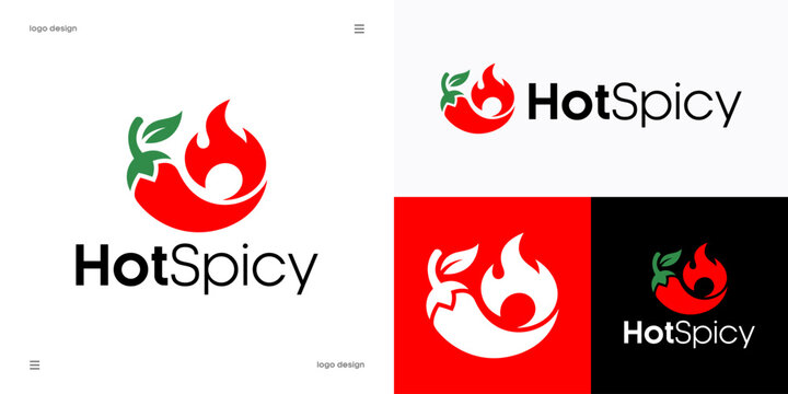 Hot spicy simple logo design, restaurant, spicy food, culinary and hot chili sauce concept, red chili pepper shape with burning flame icon, vector graphic