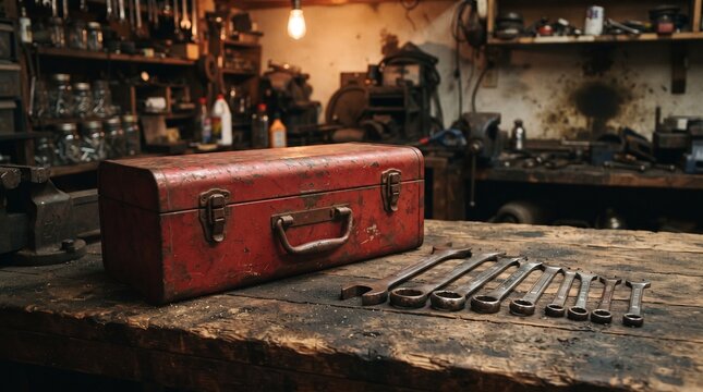 Vintage iron toolbox with classic wrenches on an aged wooden workbench, featuring chipped red paint, authentic rust, warm lighting and nostalgic workshop character.