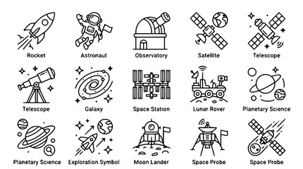 Space Exploration Icons: Rocket, Astronaut, Satellite, Rover, Galaxy, Station © Ceblok