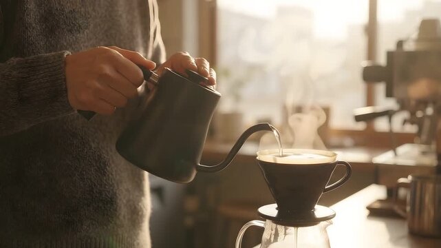 Person pouring hot water from a kettle into a coffee dripper in warm morning light, perfect for cafe marketing, lifestyle websites, and social media video
