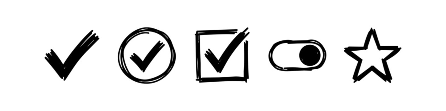 Hand-drawn check mark, checkbox, toggle switch, and star icons set. Vector doodle sketch symbols of approval, success, choice, and rating on white background.