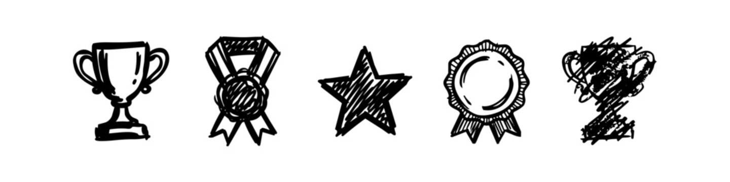 Hand drawn sketch award icons set. Vector doodle trophy, medal, star, and rosette ribbon badge isolated on white background for success and victory concept.