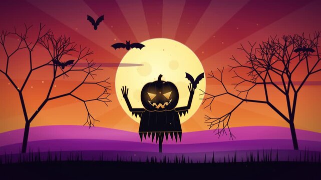Spooky Halloween pumpkin head scarecrow with glowing face, full moon, bats and bare trees at sunset