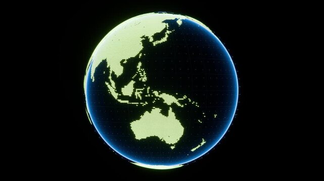 Rotating Holographic Digital Earth Globe with Green Pixelated Dots on Black Background, Seamless Loop, 4K