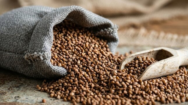 Organic roasted buckwheat groats in a rustic burlap bag