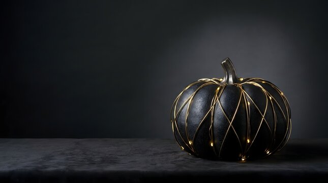 A single decorative black pumpkin adorned with sparkling gold sequins sitting on a dark textured wooden surface background