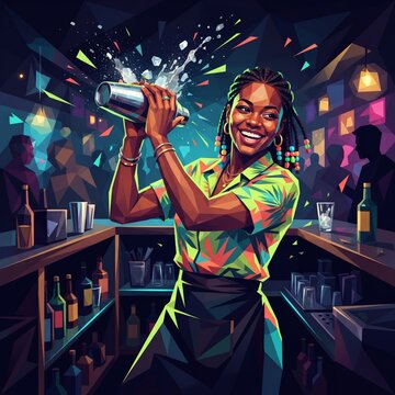 Smiling bartender shaking cocktail mixer in nightlife bar with cocktail shaker
