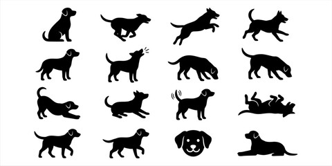 Fototapeta premium Cute cartoon dog characters set with various poses and expressions in a flat vector style, Collection of black and white cute puppy and dog silhouette icons in various playful poses