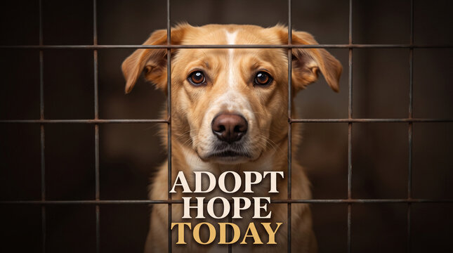 Sad dog behind metal cage bars with adopt hope today text overlay