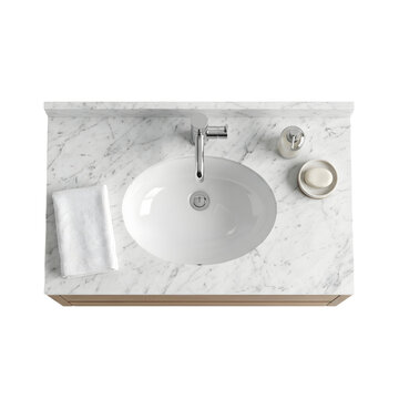 Modern bathroom vanity unit with white marble countertop, chrome faucet, oval ceramic sink, and bath accessories seen from a top down view isolated on a transparent background.