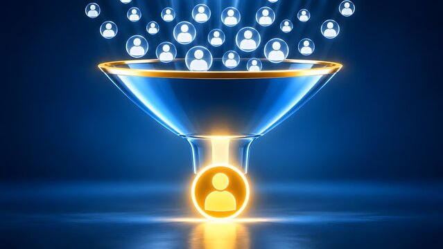Glowing blue digital funnel filtering multiple user profiles into a single golden candidate representing talent acquisition and lead conversion