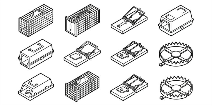 Set of Isometric Pest Control Mouse and Rat Trap Icons for Home and Industrial Rodent Management, Black and white