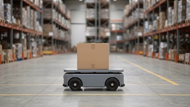 倉庫で段ボール箱を載せて横移動する物流ロボット、物流、倉庫の自動化、ロボット技術、ECの業務紹介映像