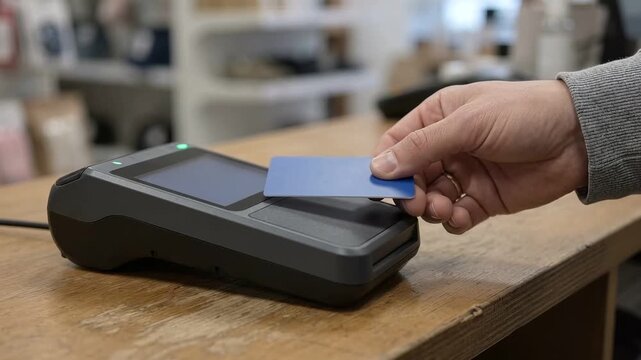  店頭の決済端末へ無地のカードをかざす手、キャッシュレス決済、小売、金融サービス、買い物の説明映像