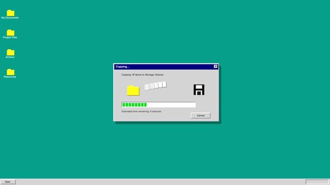 Retro computer file copy progress bar loading animation