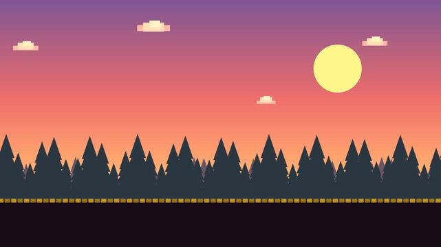 Pixel art sunset forest background loop video