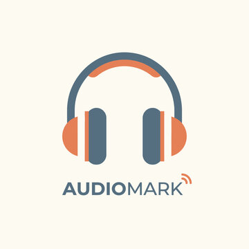 Modern minimalist audio logo featuring stylized headphones with orange and dark blue accents