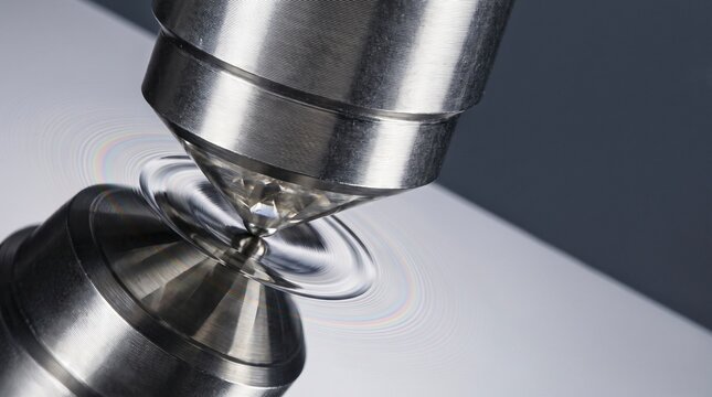 Rockwell hardness test diamond cone indenter on polished tool steel calibration block for precision metrology quality control materials engineering commercial presentation background banner mockup