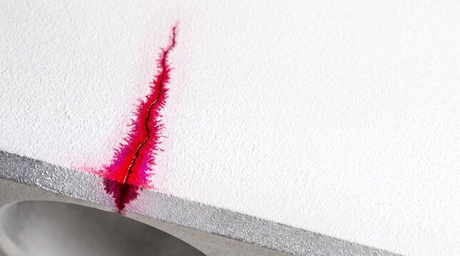 Liquid dye penetrant inspection red crack indication in white developer powder on aluminum casting for non destructive testing quality assurance commercial presentation background banner mockup