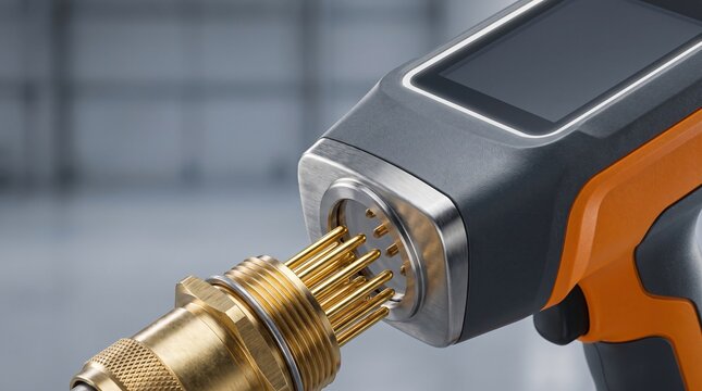 Handheld xrf analyzer spectrometer on gold plated brass connector for positive material identification alloy testing non destructive inspection commercial presentation background banner mockup