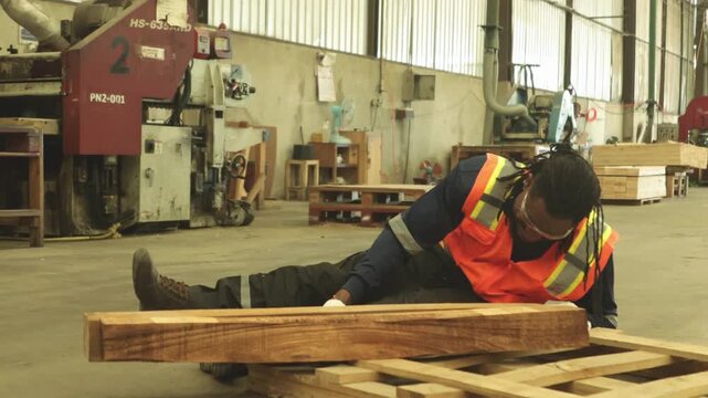 African American male worker lumber mill injured while transporting heavy logs pallet lost its balance fell onto leg causing collapse in pain with knee injury while hardhat was knocked off head.