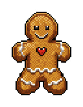 PNG Pixel art gingerbread man with heart detail.