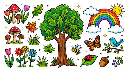 Fototapeta premium Colorful Nature Doodle Collection with Tree, Flowers, Mushrooms, and Cute Animals for Children's School Art