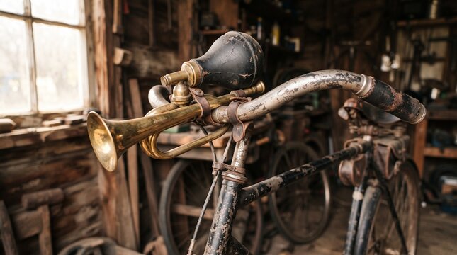Vintage rubber bulb horn mounted on an antique bicycle handlebar, featuring polished brass, aged rubber, worn leather and nostalgic 1930s garage atmosphere.
