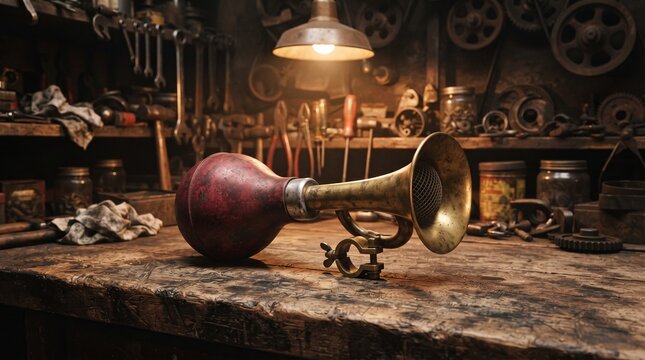 Vintage red rubber bulb horn with aged brass trumpet on a mechanic workbench, surrounded by antique tools and warm 1940s workshop lighting.