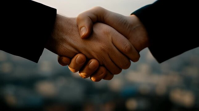 Business Partners Shaking Hands with City Skyline Background - Agreement and Partnership in a Professional Setting, symbolizing trust and collaboration under warm sunlight