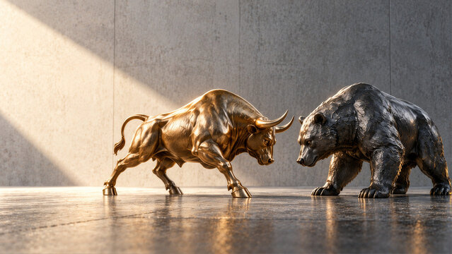 Golden bull and dark bear statues facing each other, symbolizing stock market trends and financial trading