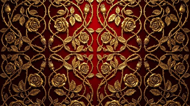 Opulent gold art nouveau style floral pattern with blooming roses and thorny vines on a rich deep red background, luxury ornamental texture and vintage decorative design