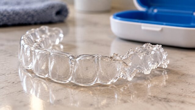 Close-up of transparent orthodontic retainer with irregular crushed edge and several obvious tooth marks