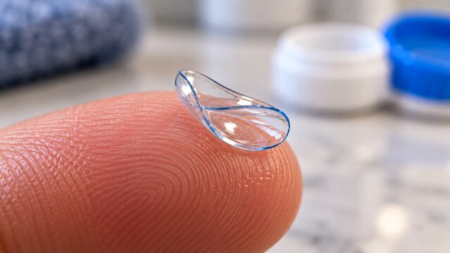 Macro close-up of soft contact lens folded tightly onto itself on clean fingertip, realistic handling problem during insertion