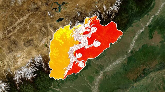 Bhutan national flag map overlay animation over satellite terrain footage