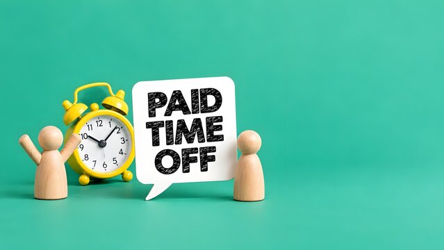 Wooden figures with a yellow alarm clock and a paid time off speech bubble, representing employee leave, vacation benefits, and work life balance.