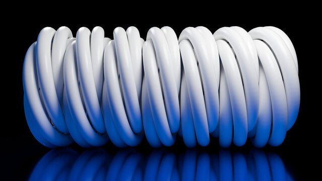 3D abstract white spiral coil cylinder on black background. Great for tech header banners, minimalist web design, scientific cover art, and posters