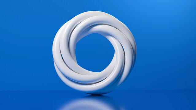 3D abstract white twisted ring torus shape on blue background. Ideal for tech logos, modern corporate branding, web banners, and digital presentations