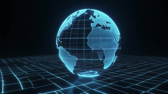Glowing blue holographic globe rotating above a dark futuristic digital grid platform, global technology and network concept, vertical video
