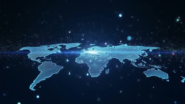 Soft glowing light particles floating above an abstract blue world map silhouette on a dark background, elegant global business intro background
