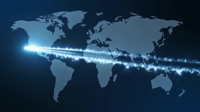 Glowing light trail of a flight path moving across an abstract blue world map on a dark background, global travel and logistics concept, vertical video