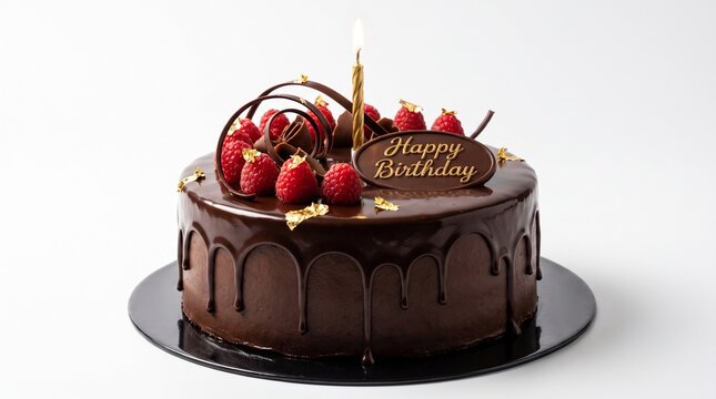 Decadent dark chocolate birthday cake with fresh raspberries and a golden candle on a minimalist white background