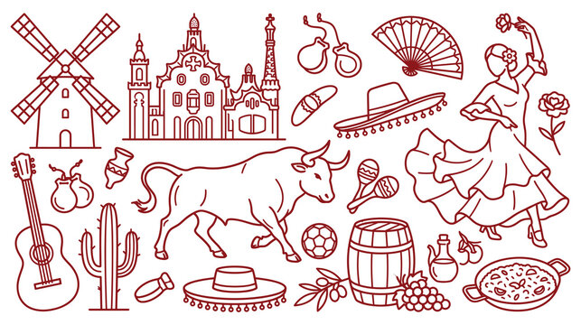Spanish cultural heritage symbols and traditional icons set in minimalist red line style.