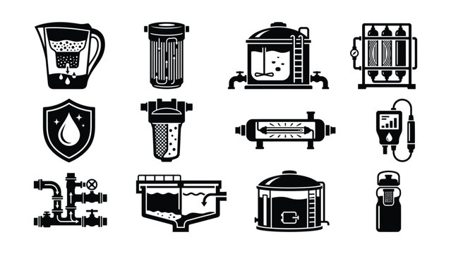 Water filtration and purification equipment set with transparent background icons